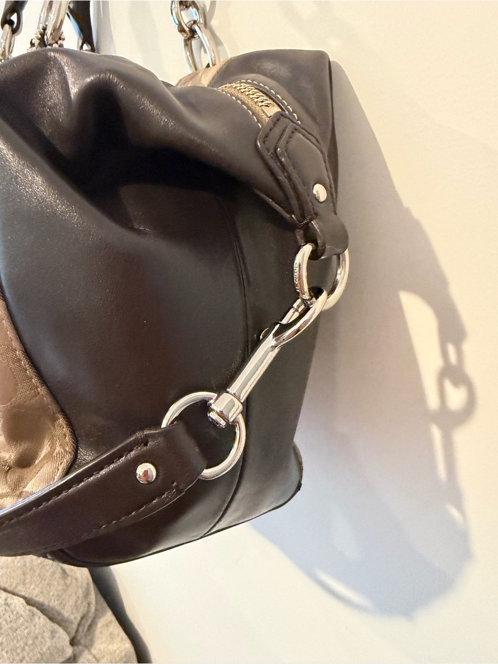 Coach Khaki Signature Jacquard Satchel with Black Leather Trim - Picture 3 of 12